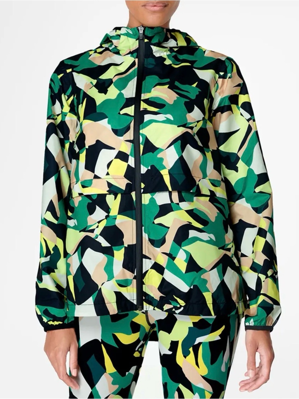 SWEATY BETTY Green Camo Figure Print Pack it Up Mac Waterproof Jacket